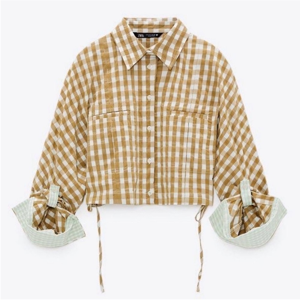 Zara Gingham Button-Up Cropped Shirt with Adjustable Drawstring Hem- Size S - Picture 3 of 7